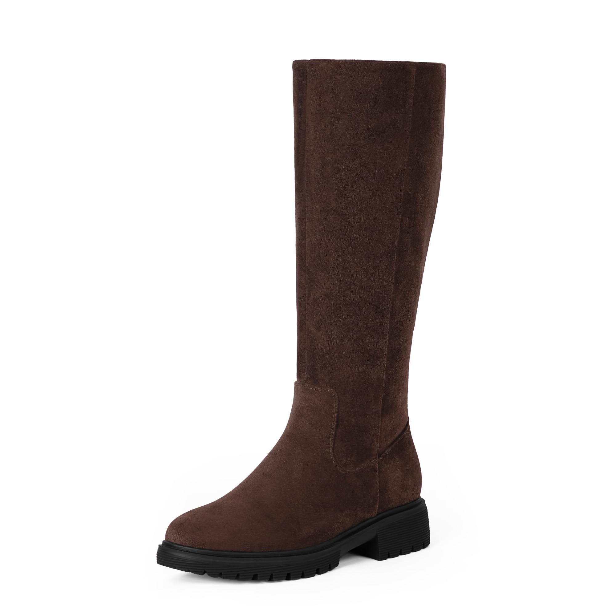 VIUGJNEX Knee High Boots Platform Chunky Low Heel Black Suede